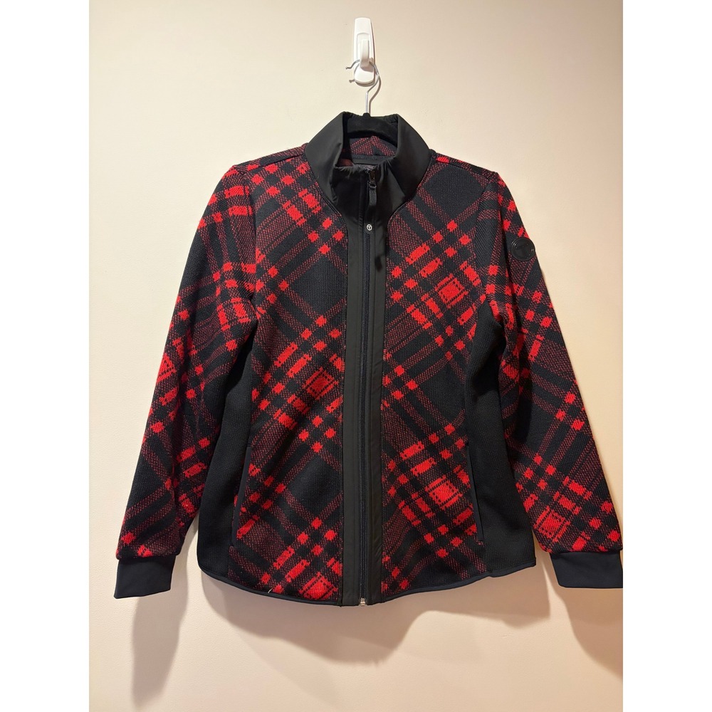 Talbots Small Women's Red Black Plaid Zip Knit Jacket Pockets Fall Mock Turtle